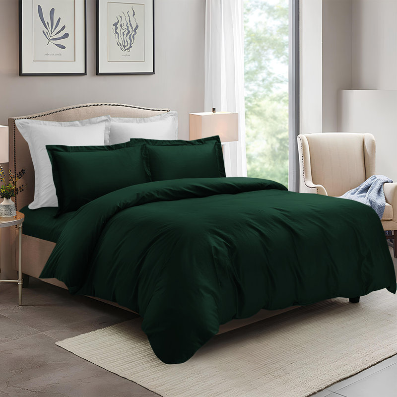 4 Piece Complete Bedding Set Duvet Cover Set With Fitted Bed Sheet & Pillowcases, Green Emerald