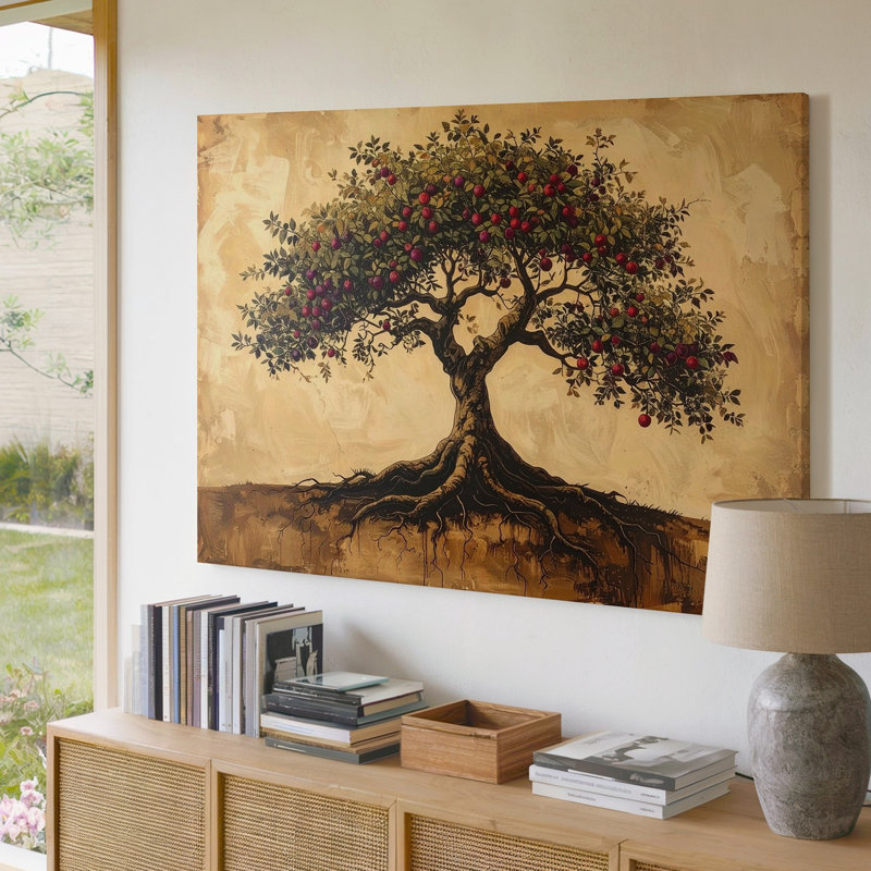Art mural sur toile, arbre de vie, arbre fruitier avec des racines profondes sur fond parchemin, H 11 po x l 14 po