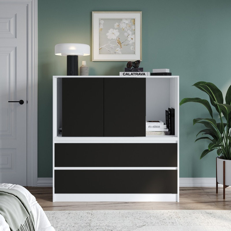 Solid Wood Rectangle Accent Cabinet, White with Black