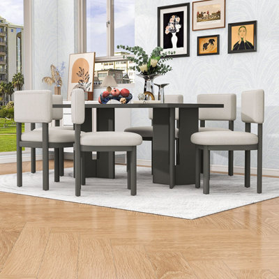 Ensemble de table de salle à manger 7 pièces en bois avec table rectangulaire et 6 chaises rembourrées