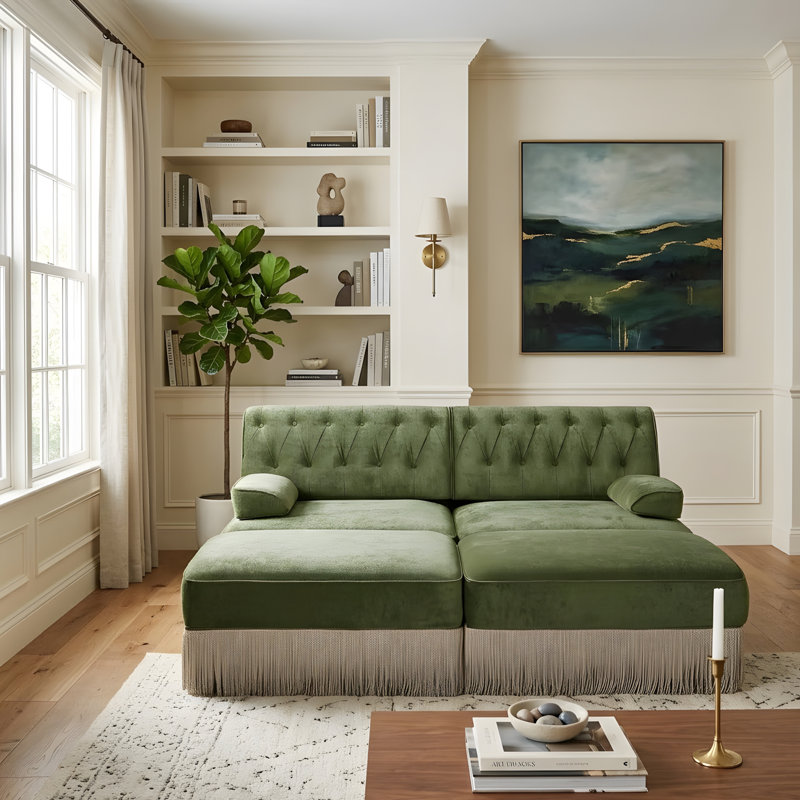 Canapé en U confortable, respirant et à franges, Green Velvet, 34.2" H x 76.6" W x 60.3" D