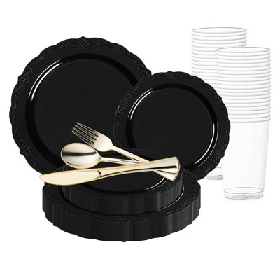 Ensemble de 30 pièces en plastique jetable rond à bord noir vintage - Valeur pour mariage