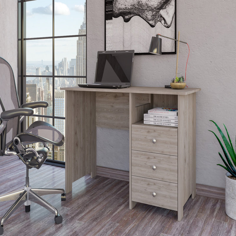 Bureau d'ordinateur Antara avec tablette de rangement ouverte et 3 tiroirs