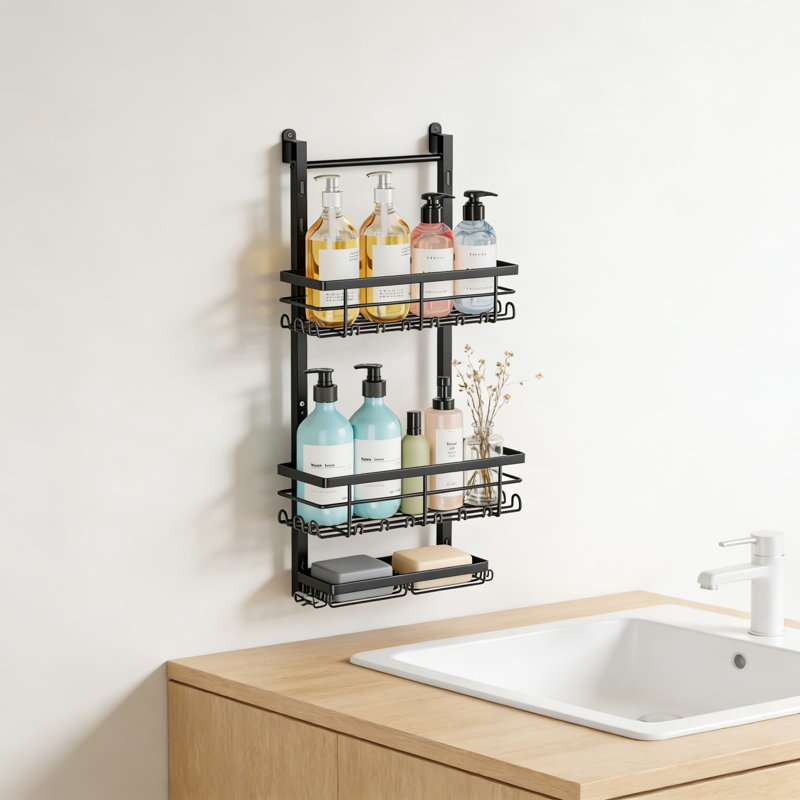 Serviteur de douche au-dessus de la porte - Organisateur de douche suspendu antirouille à 3 niveaux avec tablettes réglables, 28 crochets et porte-savon pour le rangement de la salle de bain