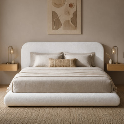 King Bread Upholstered Platform Bed Frame with Curved Velvet Headboard, Fully Cushioned Foam Arched Panels, Sturdy Metal Support, No Box Spring Needed, Cream