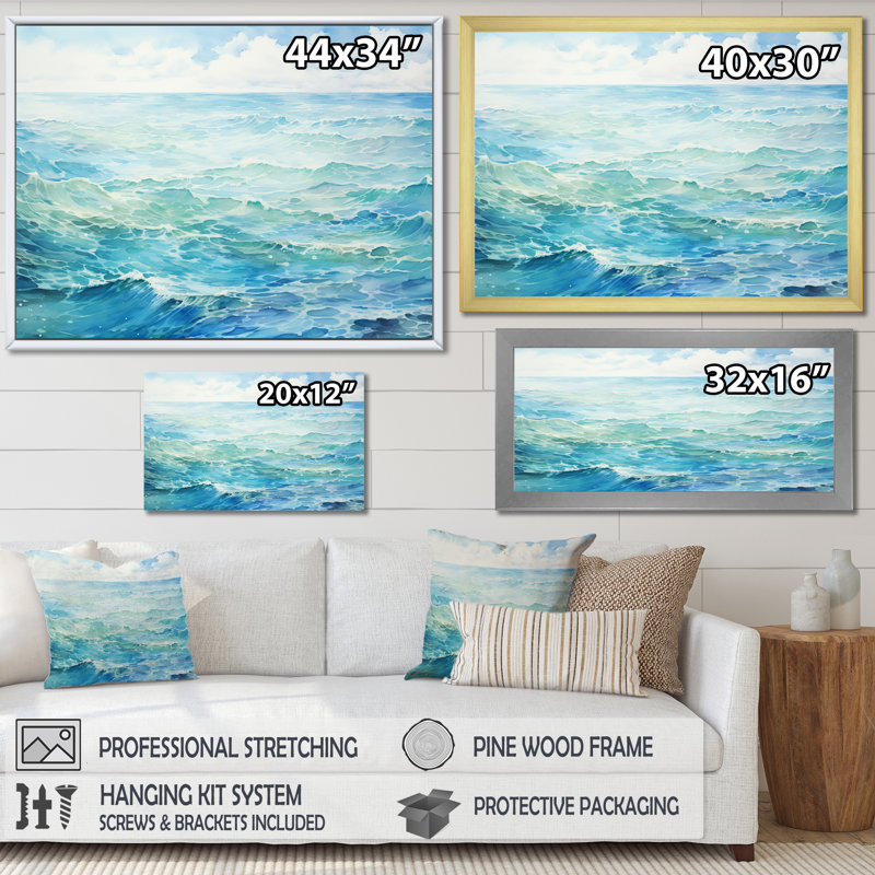 «Blue Ocean In Motion Scenery V», art mural sur toile océan, Toile tendue, H 24 po x l 32 po x P 1 po