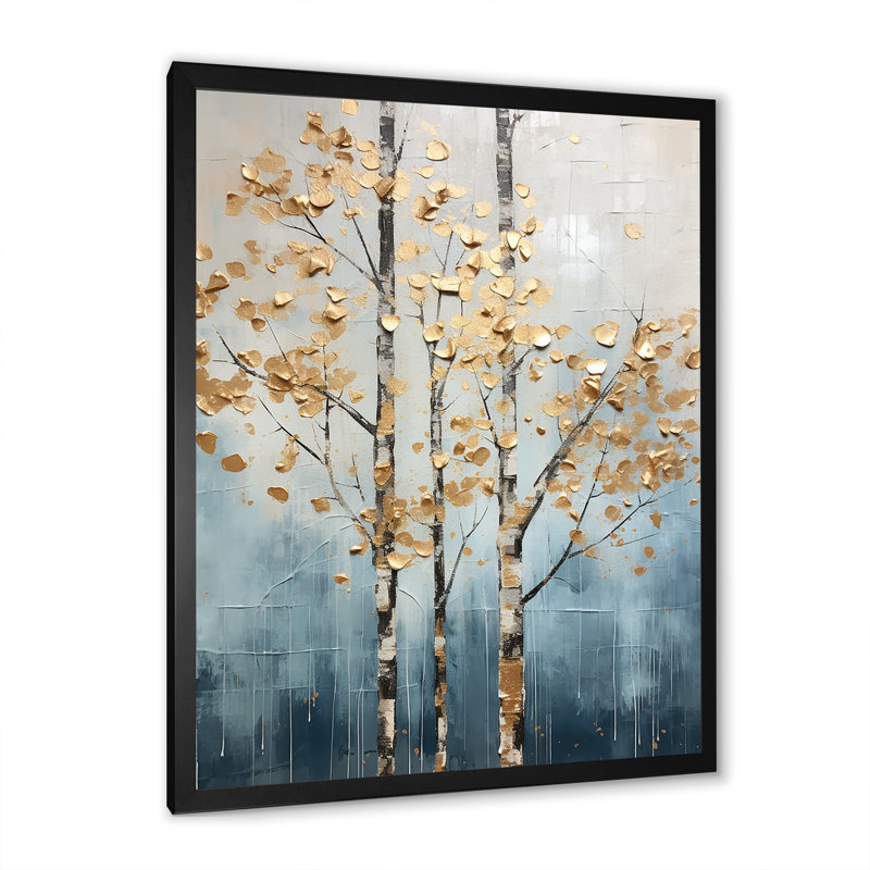 Décoration murale Harmony III - arbres dorés et bleus, Cadre simple noir, H 32 po x l 16 po x P 1 po