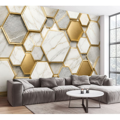 Wall Mural Peel and Stick Wallpaper Hexagonal Patterns Gold Outlines White Marble Golden Hexagon Marble Self-Adhesive Removable Contact Paper Wall Decor for Living Room Bedroom 100"H x 144"W