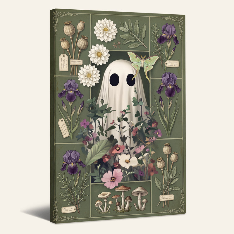 «White Ghost and Luna Moth In Vintage Botanical Halloween», art mural sur toile, H 18 po x l 12 po