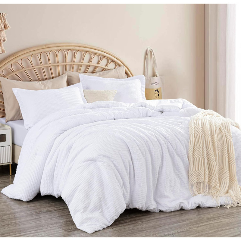 Wilmer Waffle Weave Textured Comforter Set, White, Oversized Queen Comforter + 2 Standard Shams