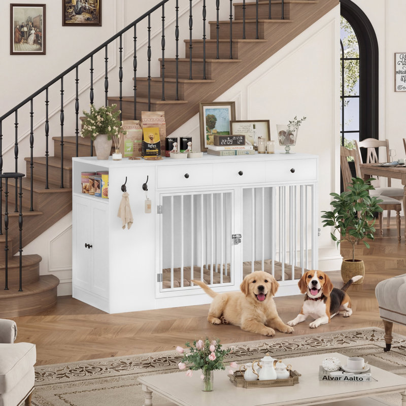 Furniture Style 59'' W Dog Crate With Drawers & Cabinets, White
