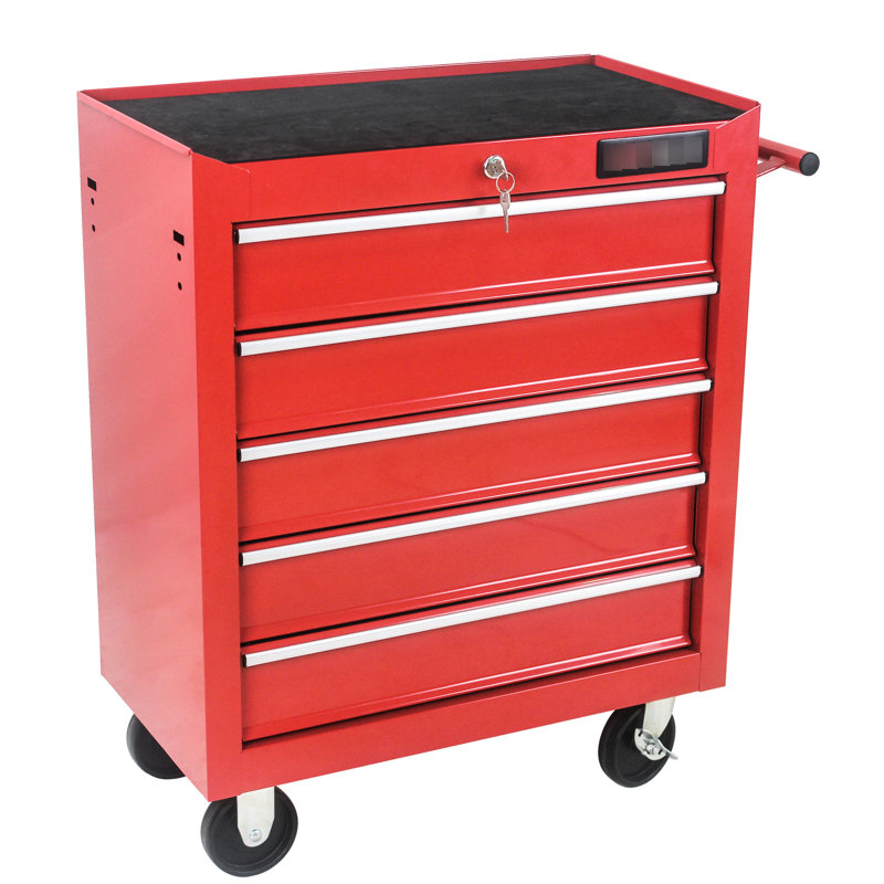 Chariot à outils en acier rouge 5 avec serrure et roues mobiles - rangement de garage dans 5 tiroirs verrouillables, Rouge