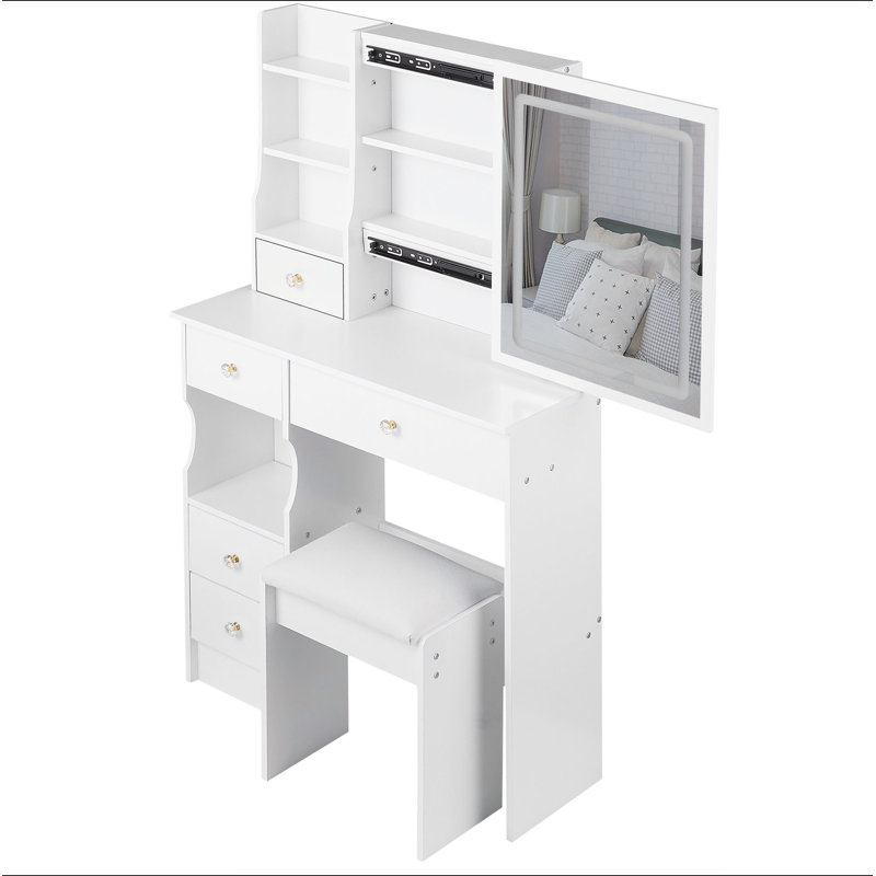 Petit meuble-lavabo de 29,2 po avec tabouret de bureau et tabouret rembourré à gauche 29,5 po, grande commande tactile, interrupteur tricolore, miroir à luminosité réglable, rangement à grande capacité, convient aux petits espaces