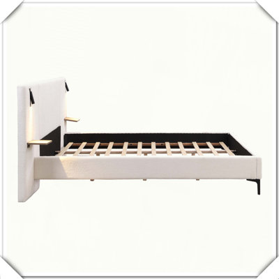 Boucle Upholstered Bed Integrated Lights Shelves Chic Practical Elegant Decor,King