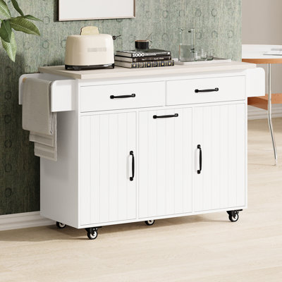 Mobile Kitchen Island With Storage, Drop Leaf, 9 Trash Can Space, Removable Shelves, White Theme Modern Towel Rack, Adjustable Cabinet Shelf -