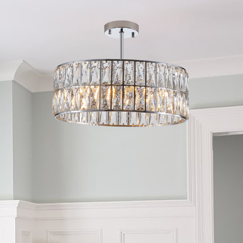 Modern Crystal Drum Chandelier, 6-light Pendant Lighting Fixture With Metal Frame For Living Room, Dining Room, And Bedroom 