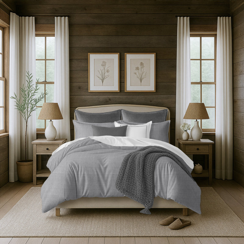 Ensemble d'édredon 5 pièces Bedford, Gris, Édredon grand + 2 taies décoratives + 2 coussins
