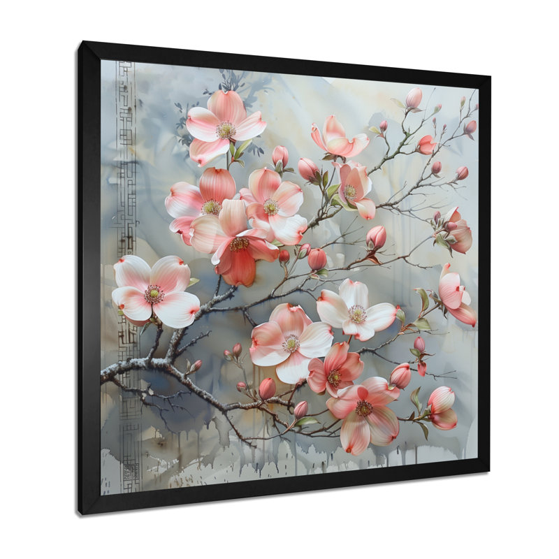 Rose et gris, hivers, Grace Dogwood I - reproduction d'art mural cornouiller, Toile encadrée noire simple
