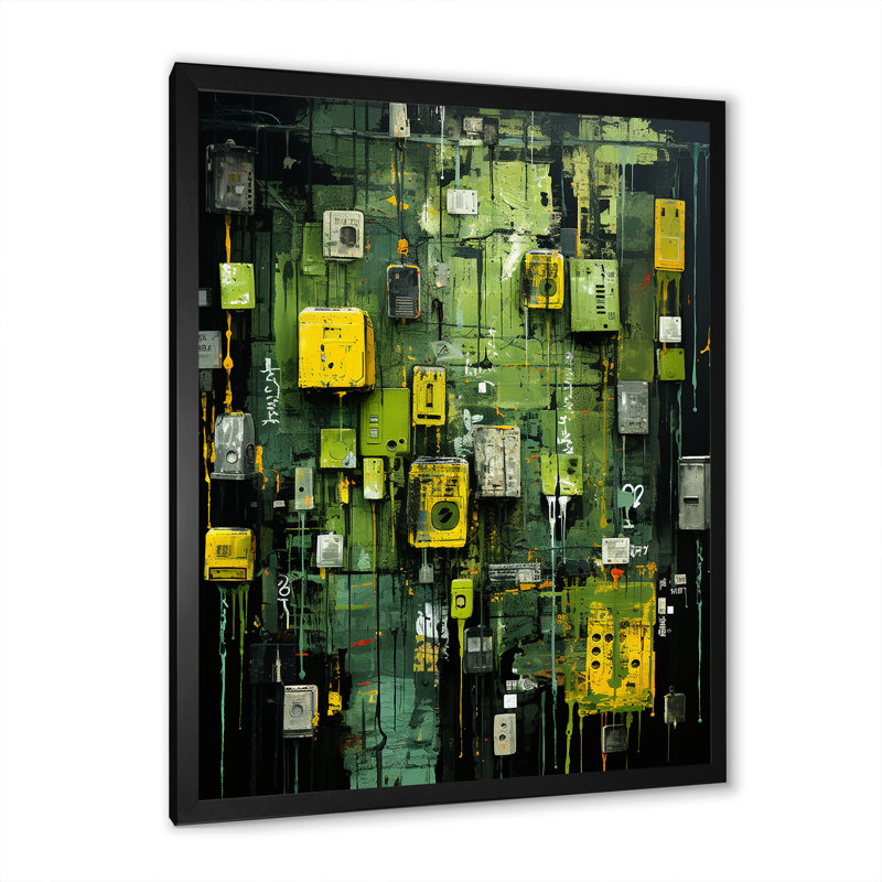 «Green Maya Shapes Mask III» - Décoration murale abstraite, Cadre photo noir, H 32 po x l 24 po x P 1 po
