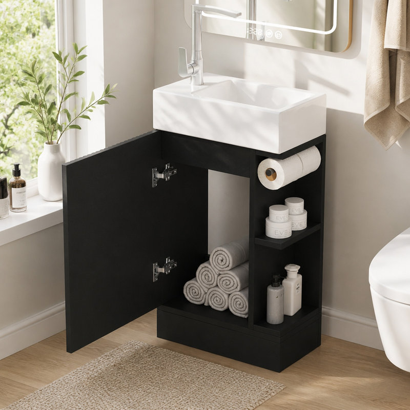 Meuble-lavabo de salle de bain de 47,2 cm (18,6 po) avec lavabo et tablette à deux niveaux, armoire noire pour une installation à gauche ou à droite