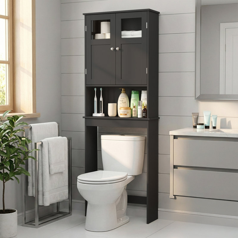 66.9'' Black Toilet Cabinet With 2 Doors, Black