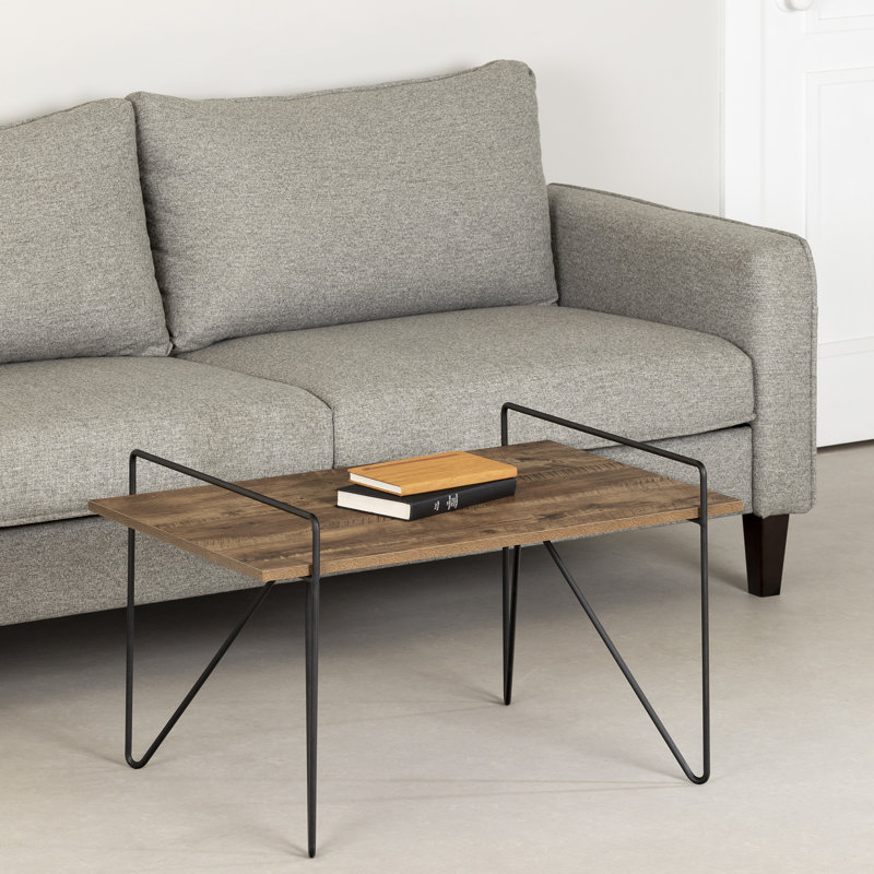 Brown Oak and Black Metal Rectangular Coffee Table