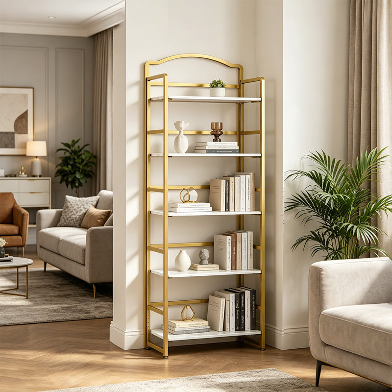 Bibliothèque pliante à 5 niveaux, bibliothèque pliable arquée pour le bureau de la chambre à coucher du salon, sans assemblage