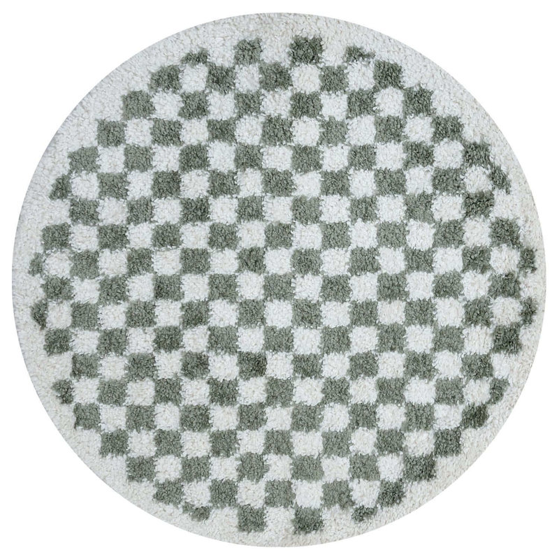 Moodi Modern Shaggy Area Rug Checkered Design, Round 120 cm, Off-White/Green
