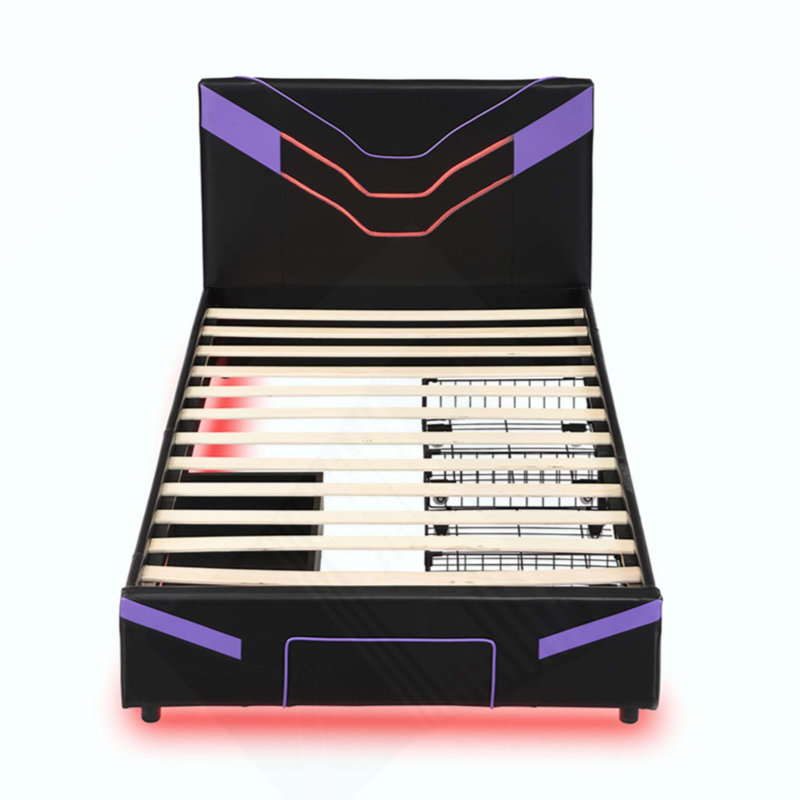 Structure de lit rembourrée avec lumières DEL, lit plateforme en cuir PU avec tablette de rangement, 2 tiroirs en acier