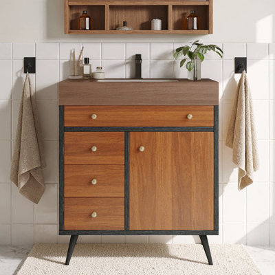 30" Mid-Century Modern Free-Standing Bathroom Vanity with Ceramic Sink & Sintered Stone Top – Soft-Close Door & 3 Drawers, Walnut Finish with Gold Accents, Multi-Layer Solid Wood Storage Cabinet