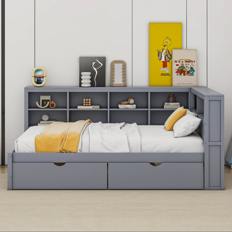 Wooden DayBed with 2 Drawers, Shelf and USB Charging Ports, Full/Double, Gray