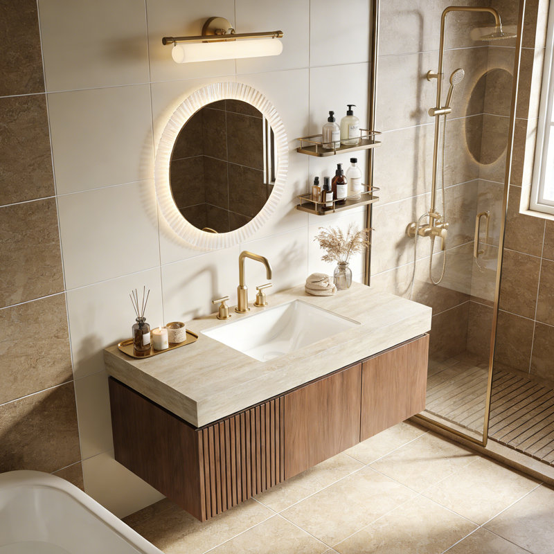 Meuble-lavabo flottant avec espace de rangement multifonctionnel et 3 trous de robinet pré-percés, Chêne brun