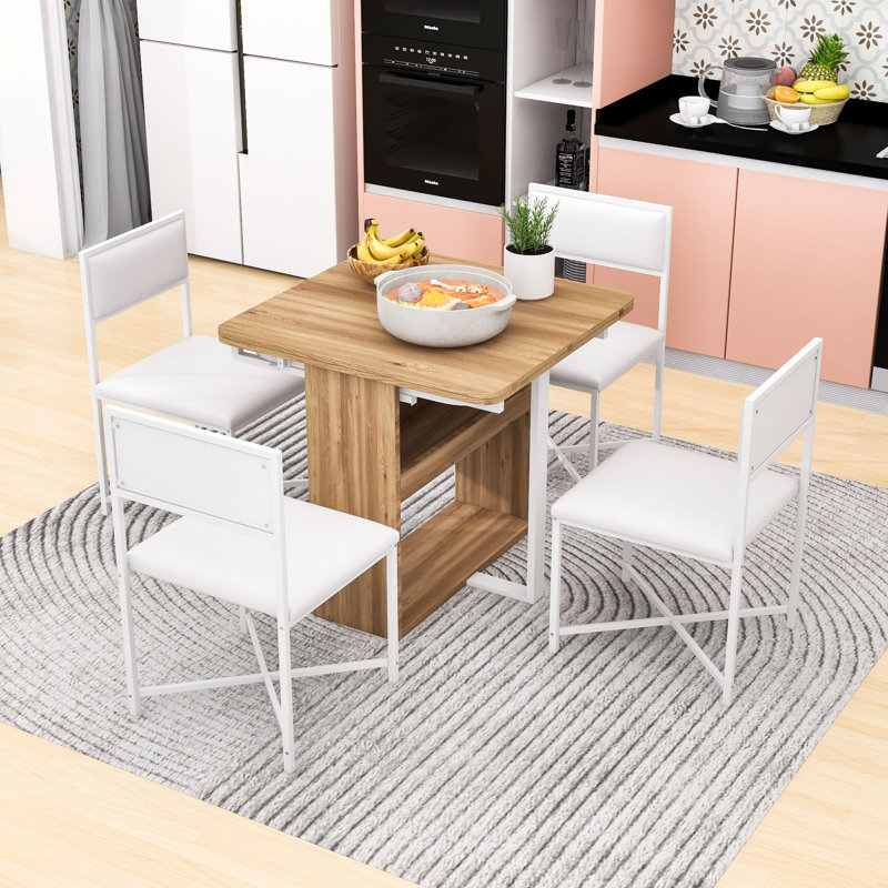 Table de cuisine pliable avec support de rangement et 4 chaises en similicuir, Blanc