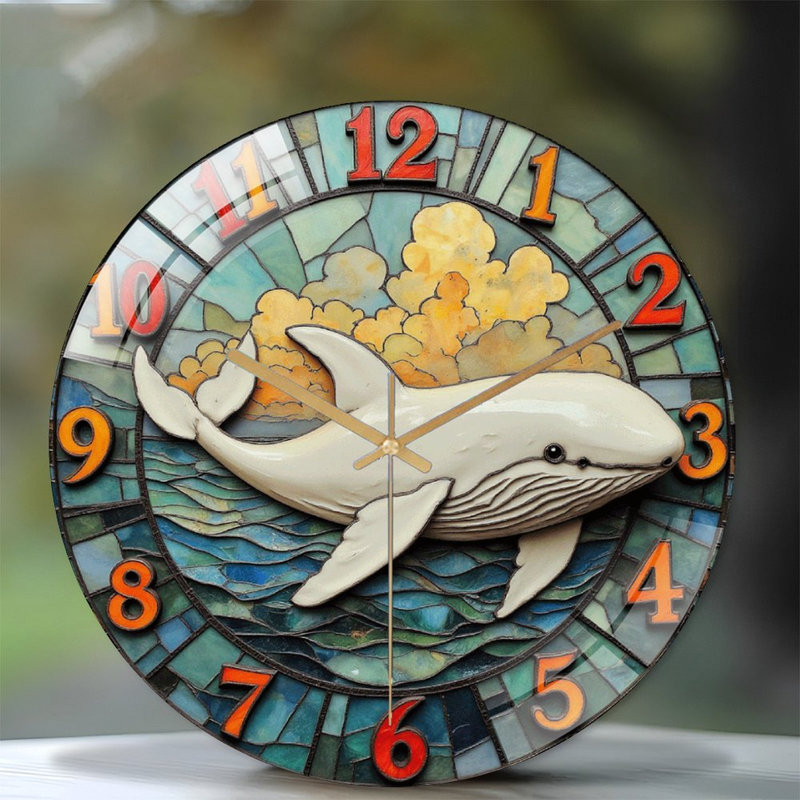 Whale Ocean Wall Clock Decorative Art Art - 12'' Modern Glass Wall Clock