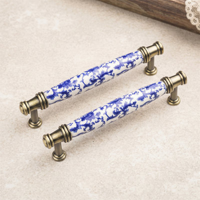 Cabinet And Drawer Pulls, Porcelain Ceramic Handles, Round Knobs, Blue And White