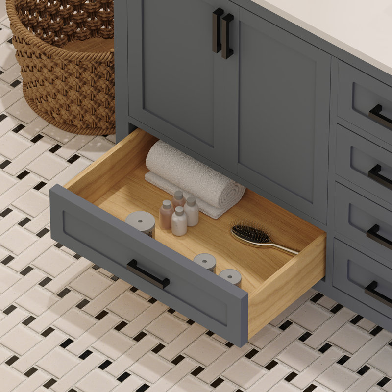 Rooh 60'' Double Bathroom Vanity with White Quartz Top, Gray, Matte Black