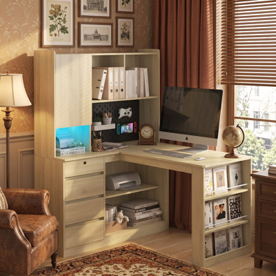 51.56" L-Shaped Corner Desk with Storage Shelves and Charging Station, Wood