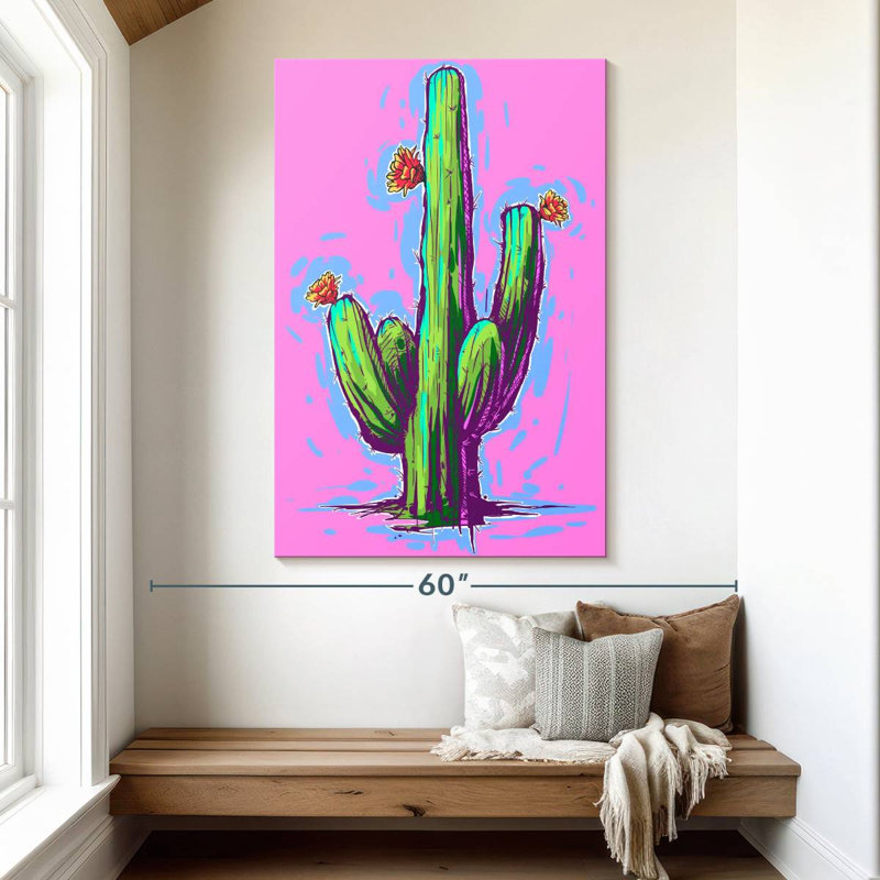 Harnek cactus sur rose vif, H 51 po x l 34 po