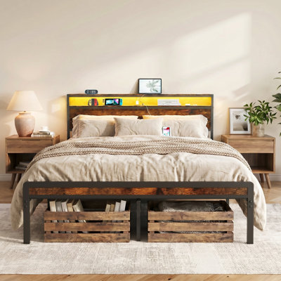 Bed Frame With Storage Headboard And Charging Station, Led Lights, Strong Metal Slat Support, No Box Spring Needed