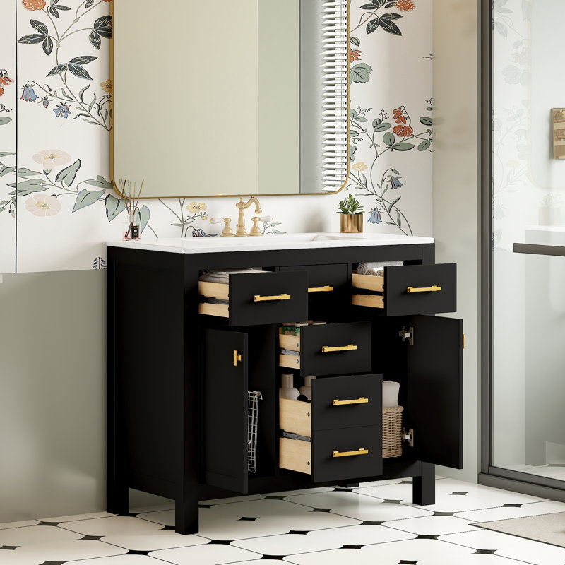 Meuble-lavabo 36 po avec lavabo en céramique, Noir