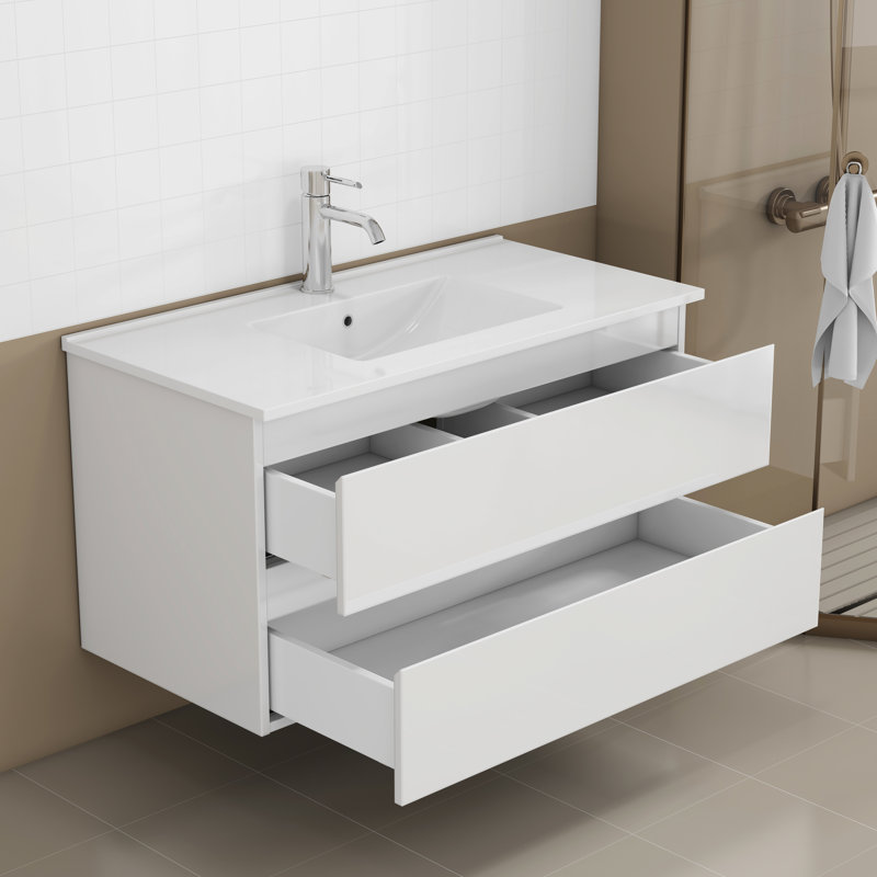 Lavabo de salle de bain 36 po, deux tiroirs surdimensionnés, poignée silencieuse à fermeture silencieuse, armoire de salle de bain Master Suite avec lavabo encastré, assemblage simple et double