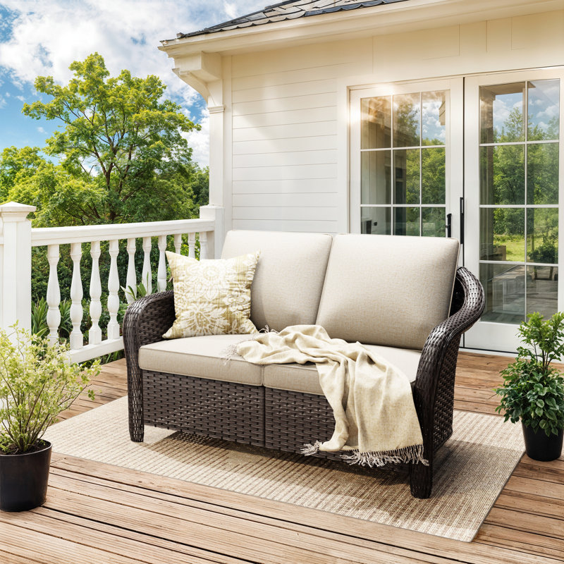 2-Person Polyethylene Wicker Outdoor Loveseat Sofa with Beige Cushions, Beige