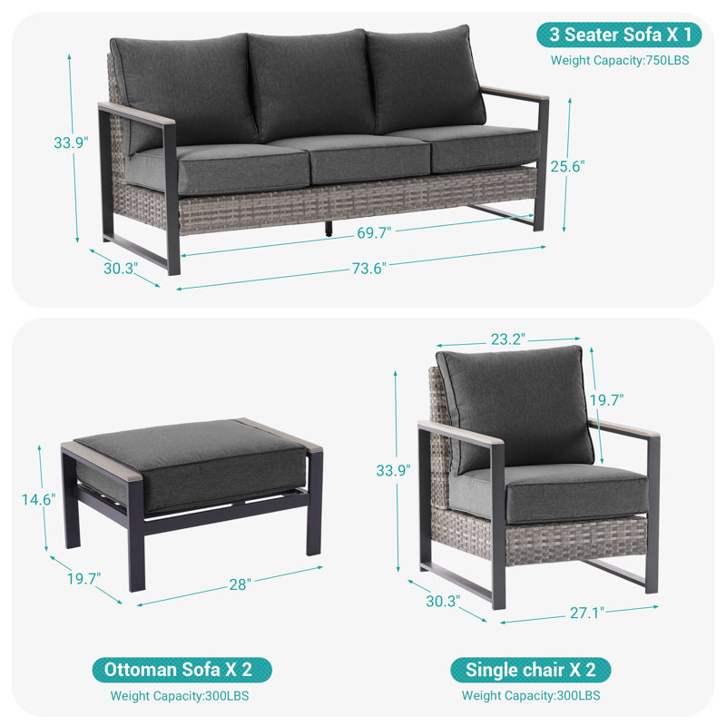 Ensemble de canapé de patio 5 pièces avec repose-pieds, Noir gris