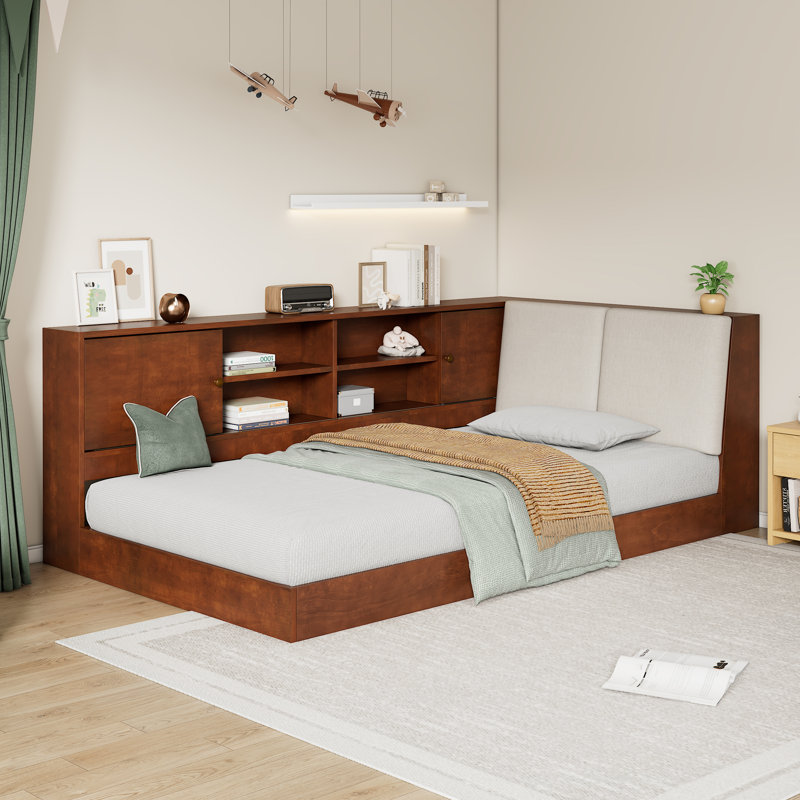 Wooden Twin Size L-Shaped Daybed Floor Corner Bed With Storage Bookcase And Upholstered Headboard And USB Charging Ports For Limited Space,