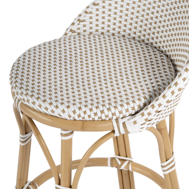 Tobias Outdoor Rattan and Metal Low Back Counter stool, White/Beige