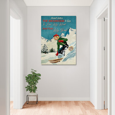 «Ski in Into Mountain, I Go To Lose My Mind», toile tendue avec châssis - Sports Illustration Decor, couloir bleu, vert et blanc