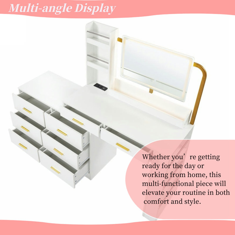 White Makeup Vanity Desk with LED & 8-drawer