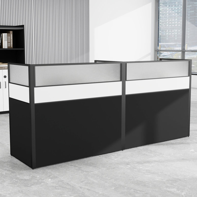 2 Person Cubicle Desk with Frosted Acrylic Privacy Partition, Office Desk Staff Desk Workstation, White