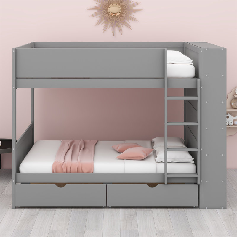 Lit superposé avec 2 tiroirs et tablettes, Gris, Double