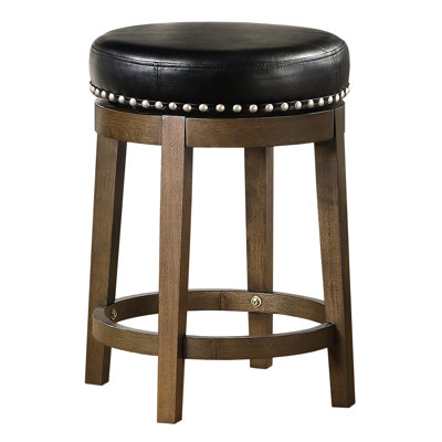 Tabouret transitionnel rond à hauteur de comptoir 2, siège pivotant en similicuir noir à 360 °, garniture cloutée, structure en bois massif brun pour salle à manger de 2 personnes, espace à 360 degrés